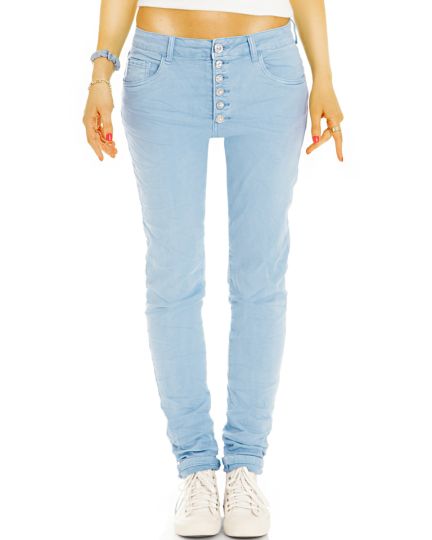 Medium - Low Waist Regular Jeans Tappered mit Knopfleiste - Bequeme Stretch Slim Fit Hose - Damen - j43p
