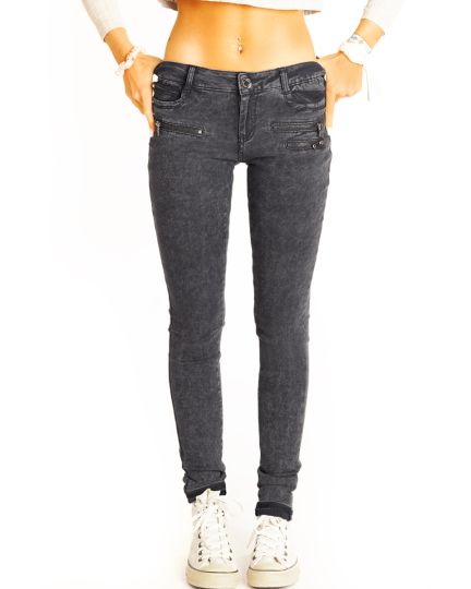 Hüftige Röhrenhose slim fit Hüfthose enge Skinnyhose mit Reißverschluss Applikationen - Damen - j1L