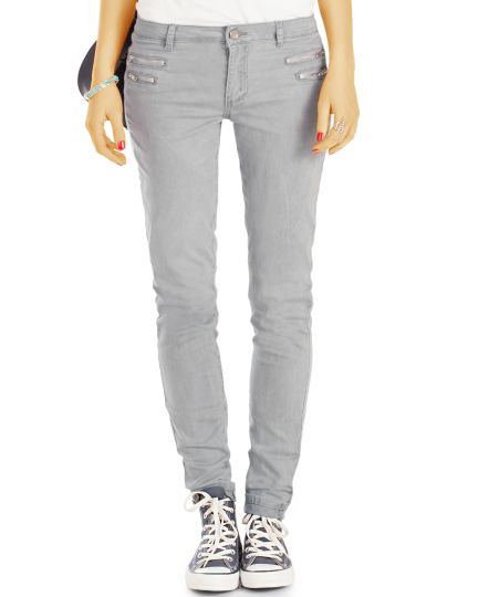 Hüftjeans - Schmale Slim Fit Jeanshosen mit Reißverschluss-Applikationen - Damen -  j75f