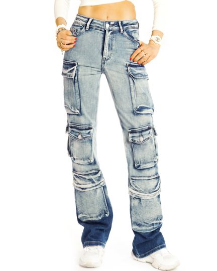 High Waist Cargojeans Hose Weite Cargo Jeanshose mit aufgesetzten Taschen - Damen - j31L-1