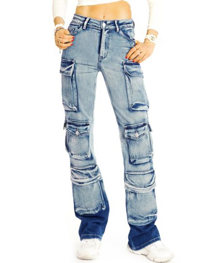 High Waist Cargojeans Hose Weite Cargo Jeanshose mit aufgesetzten Taschen - Damen - j31L-1