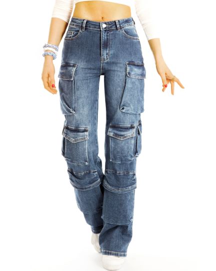 Weite Cargo Jeanshose - angesagte Schlagjeans mit aufgesetzten Taschen - Damen - j31L-3
