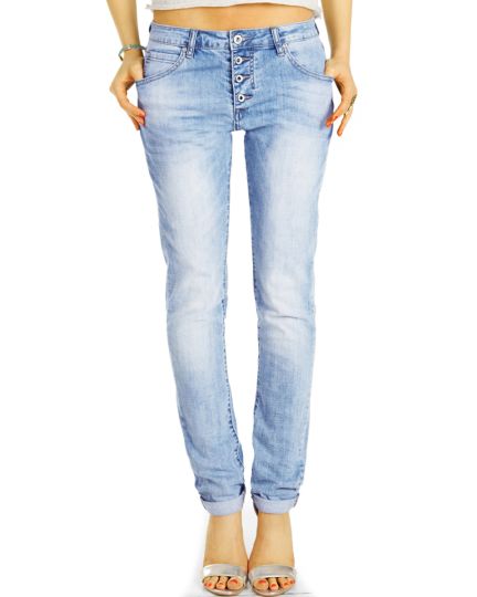 Medium - Low Waist Baggy Jeans Tappered mit Knopfleiste - Bequeme Boyfriend Stretch Hose - Damen - j30L-3