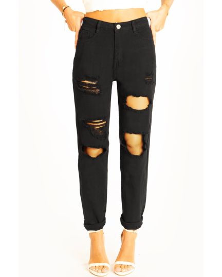 Zerrissene Mom fit Jeans schwarze High Waist Hose destroyed Look stretchig - Damen - j11p-1