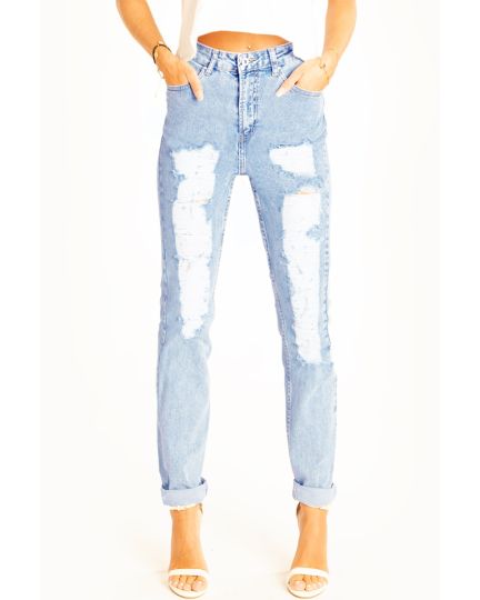 Zerrissene röhrige High Waist Jeans used Look slim fit Hose mit hoher Leibhöhe - Damen - j24k-L