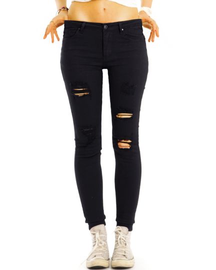 Röhrige Destroyed Skinny Fit Jeans Low Waist schwarze used Jeans Hose stretchig - Damen - j28L-1
