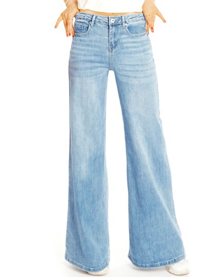 Weit geschnittene Bootcut Jeans Hose - Wide Leg medium waist Schlagjeans - Damen - j28L-2