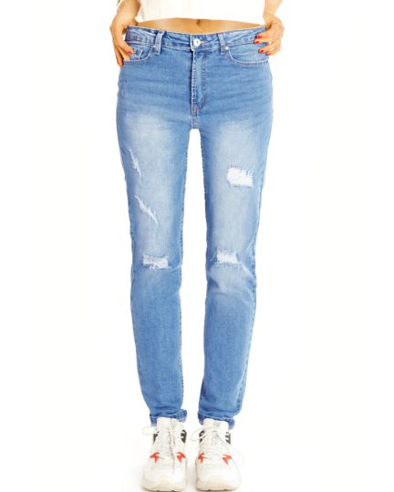Röhrige destroyed High Waist Jeans mittelblau zerrissene Slim Fit Hose - Damen - j18k