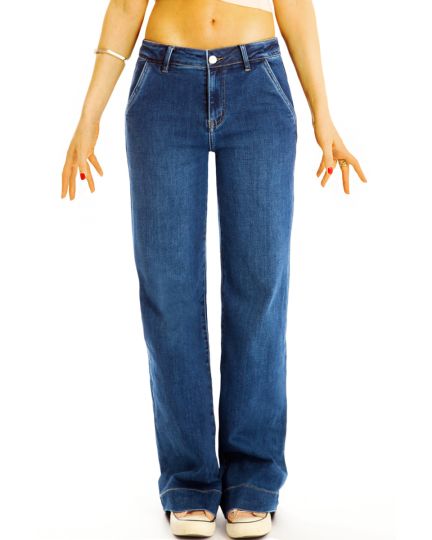 Medium waist Loose fit Bootcut Jeans locker geschnittene Schlaghose stretchige dunkelblaue Hose - Damen - j45L-1