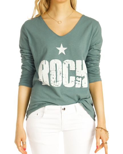 Shirt, Longtop Rockstar Longsleeve T-Shirt mit V-Ausschnitt Top Printshirt langärmelig Oberteil  - Damen - t123z