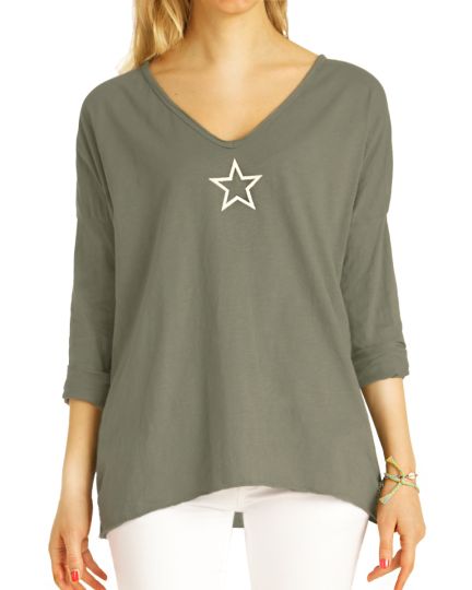 Shirt, Longtop Rockstar Longsleeve T-Shirt mit V-Ausschnitt Top Printshirt langärmelig Oberteil  - Damen - t124z