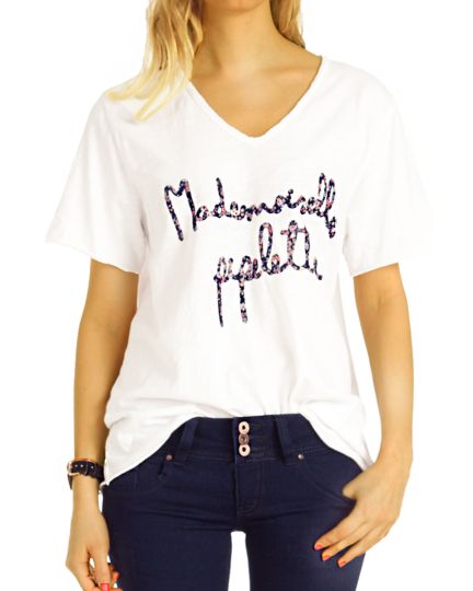 Shirt, Longtop  T-Shirt mit V-Ausschnitt Top Printshirt Oberteil  - Damen - t121z