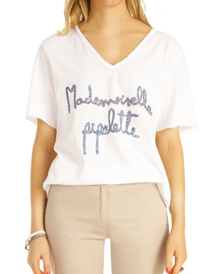 Shirt, Longtop  T-Shirt mit V-Ausschnitt Top Printshirt Oberteil  - Damen - t121z