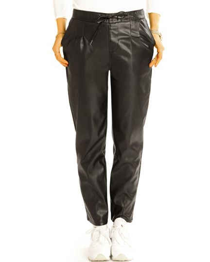 Hüftige vegane Imitatlederhose schwarze lockere low waist Damenhose - Damen - j6L-2