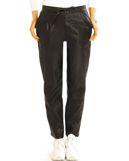 Hüftige vegane Imitatlederhose schwarze lockere low waist Damenhose - Damen - j6L-2