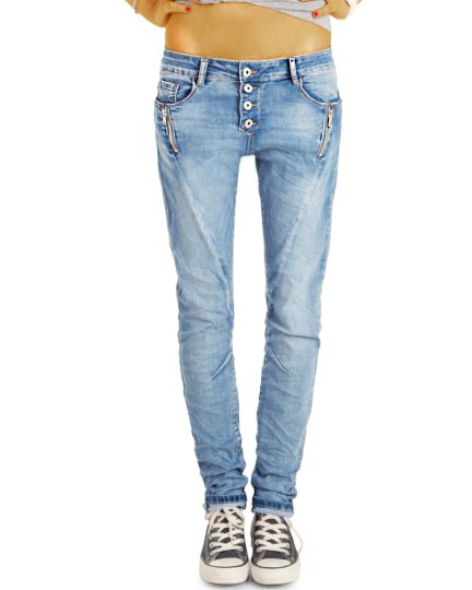 Stretch Baggy Boyfriend Hüftjeans im Tapered Relaxed Fit - Knopfleiste & Reißverschluss Damen Jeanshose - j6i