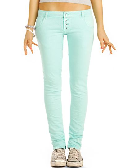 Slim Fit Low Waist Hosen - Hüftjeans - schmale Passform & Knopfleiste in mint und beige - Damen - j59i