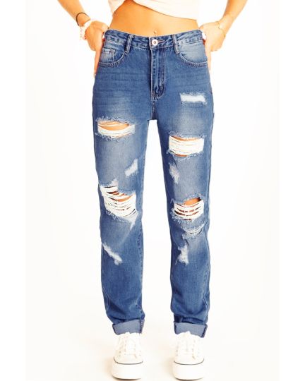 High waist Boyfriend Jeans lockere destroyed Jeanshose dunkelblaue zerrissene Hose - Damen - j12p
