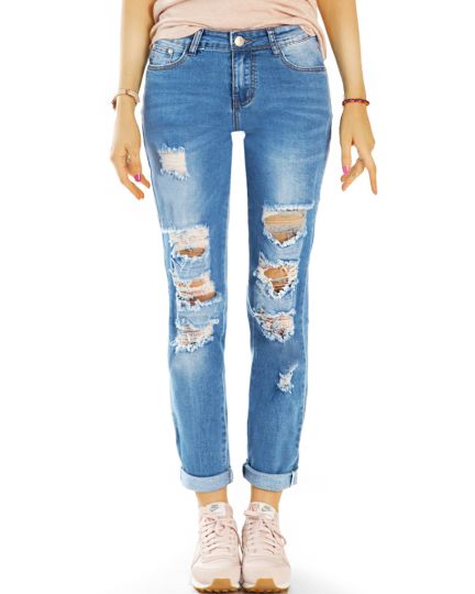 Medium Waist Jeans, zerrissene Destroyed Used-Optik, bequeme Slim fit Hose - Damen - j17i