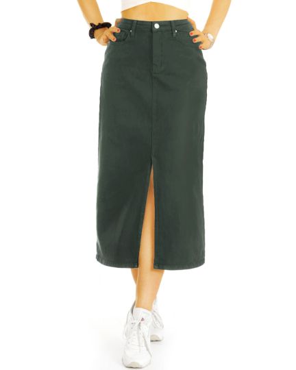 Midirock Pencil Skirt Bleistiftrock - Taillenrock mit Schlitz in khaki und schwarz - Damen - j26L-1