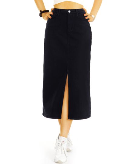 Midirock Pencil Skirt Bleistiftrock - Taillenrock mit Schlitz in schwarz - Damen - j26L-1
