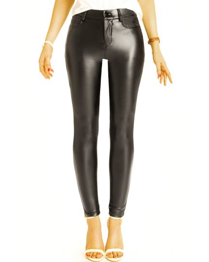 Röhrenhose vegane super skinny low waist Hose, schwarze hüftige Kunstlederhose - Damen - j47k