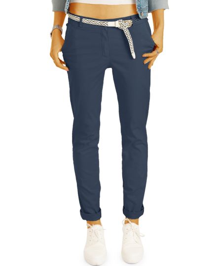 Lange Chino Stoffhose mit Gürtel - Bequeme stretchige Passform - Damen - h22a